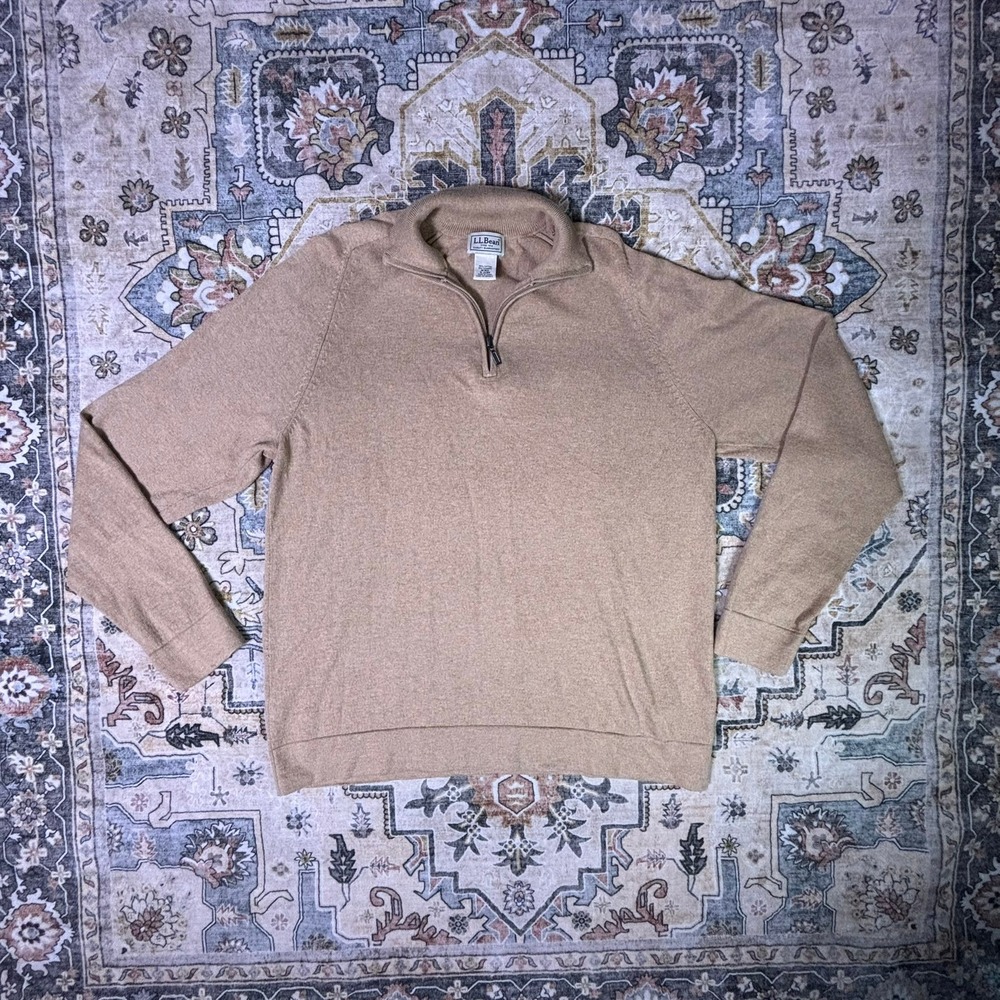 LL Bean Mens Medium Tan Cotton Cashmere Blend Quarter Zip Mock Neck Sweater Fall